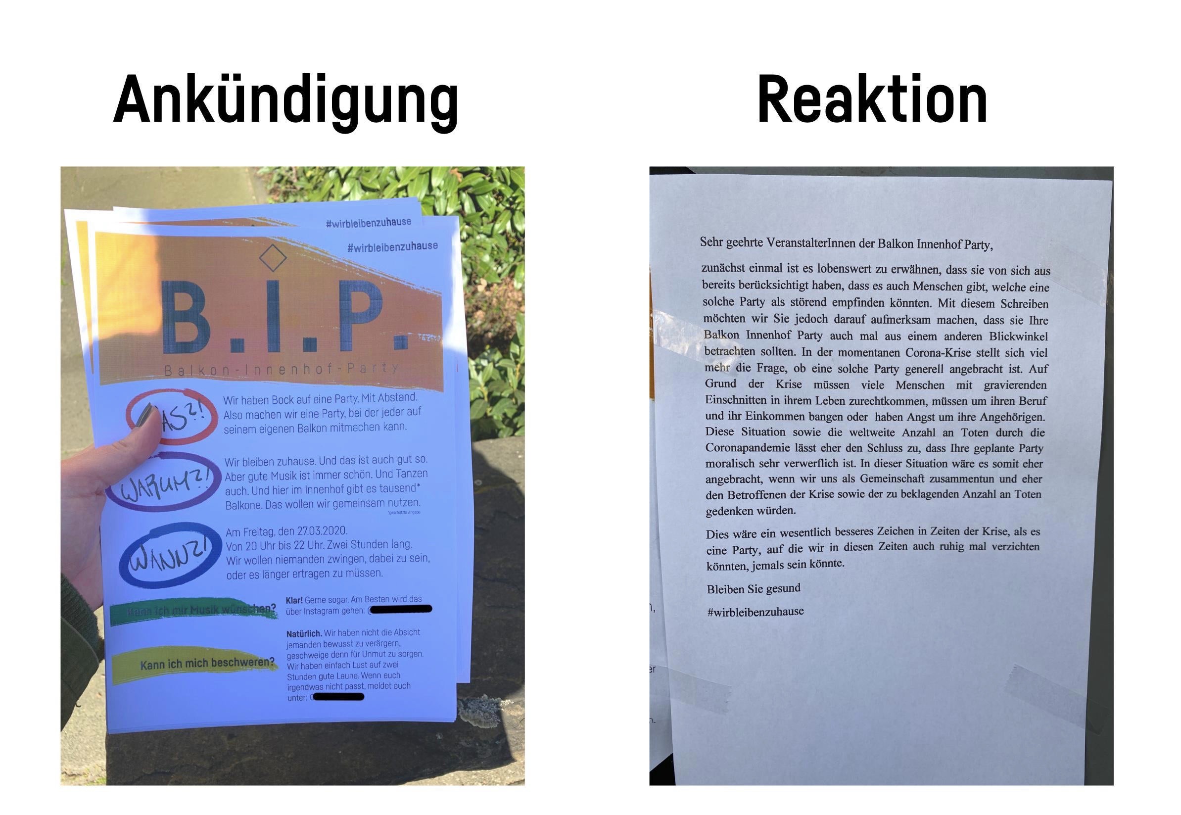 Vergleich Ankündigung Balkonparty und Reaktion eines anoymen Nachbarn
